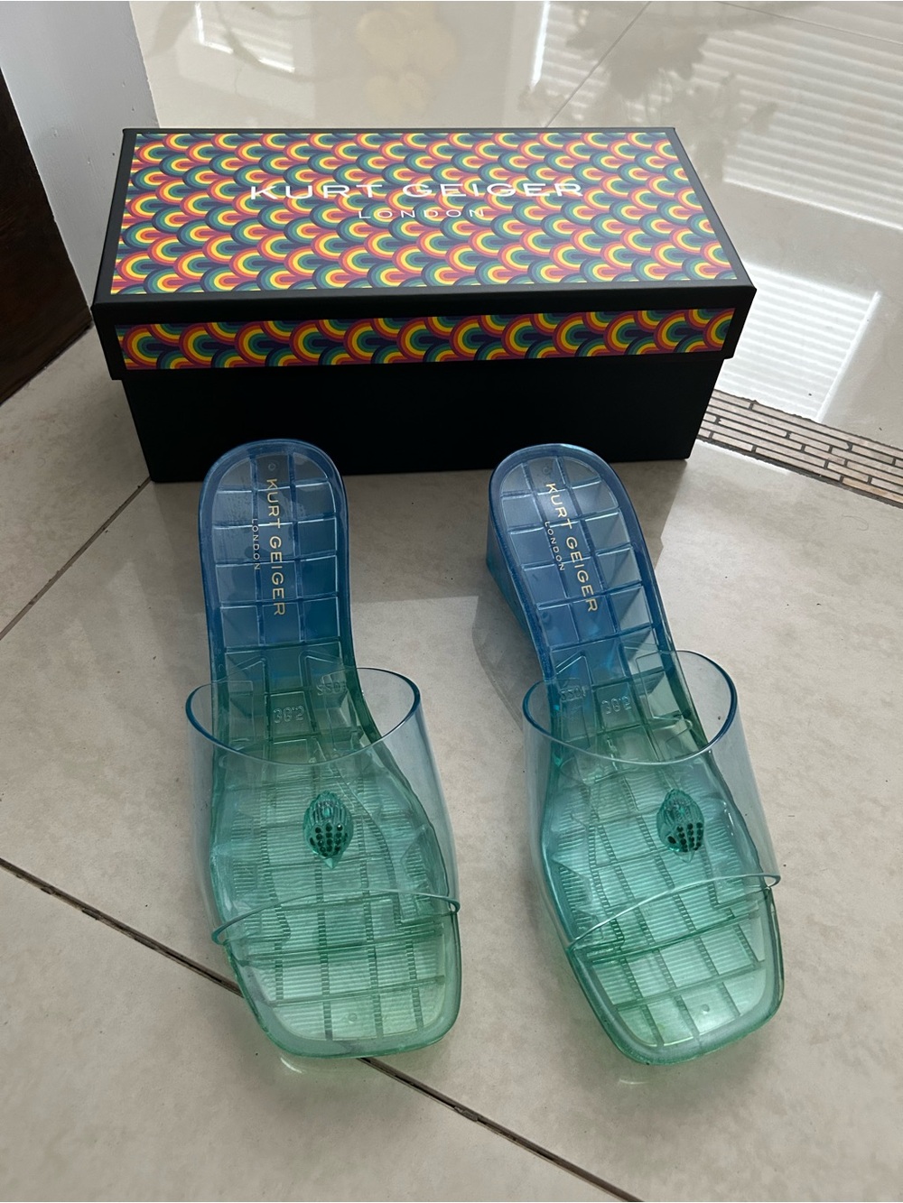 Kurt Geiger Teal Transparent Slide Mules